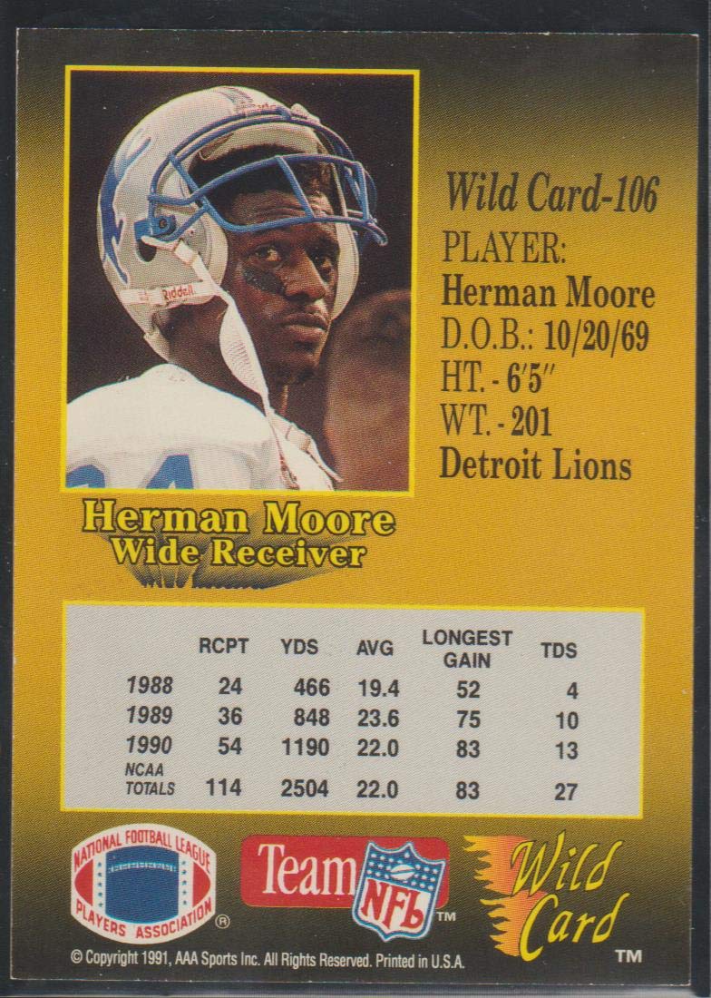 Amazon.com: 1991 Wild Card Herman Moore Lions Rookie Football Card